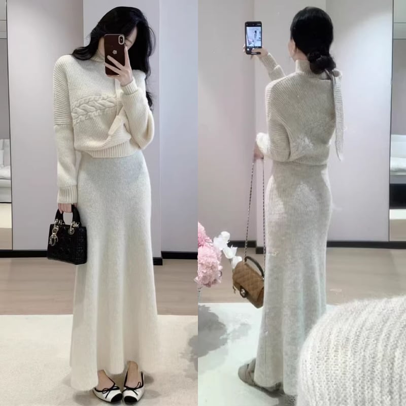 【set】スカーフ付きニットトップス×ロングスカートセット Q7875