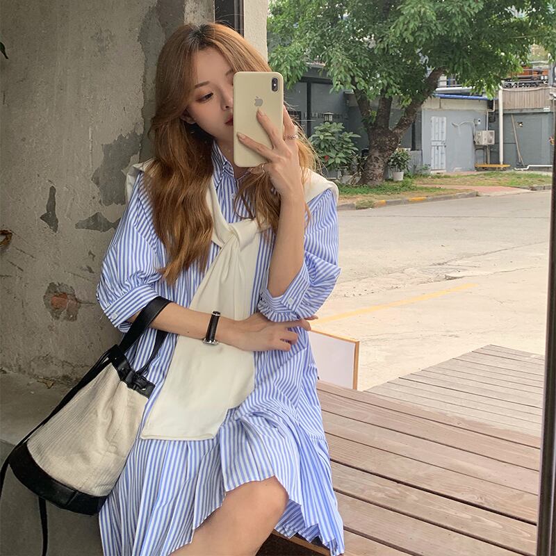 ストライプシャツ ドレス サマースタイルルーズスカート 大人ガーリー スウィート キュート カジュアル 夏物 クレセントシティ47340662290
