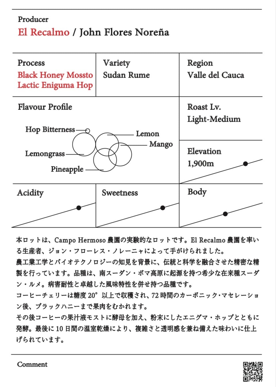 El Recalmo "Black Honey Mossto Lactic Enigma Hops" - Colombia 【100g】