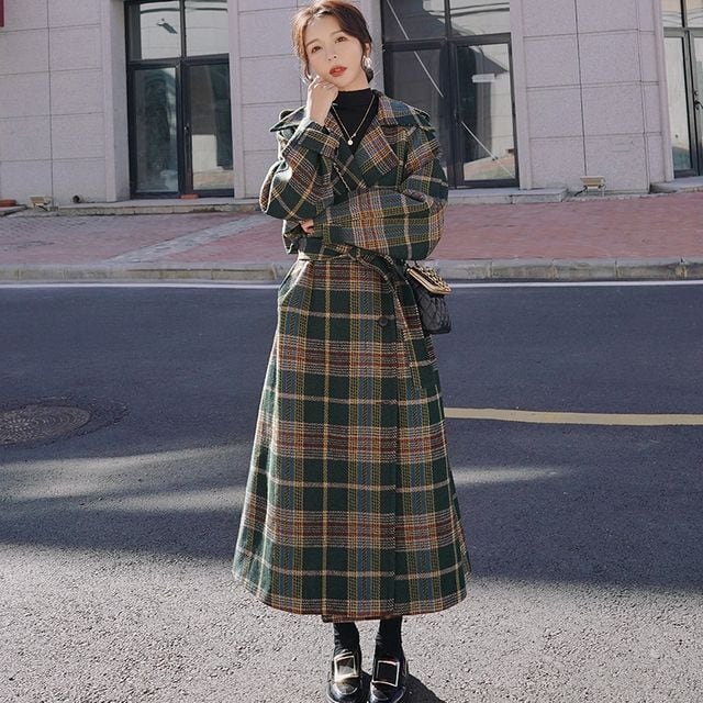 【予約販売】チェック柄コート レディース ロング丈 グリーン 大人可愛い エレガント シック 秋冬 アウター おしゃれ こなれ感 韓国 大きいサイズ S/M/L/XL/2XL/3XL/4XL