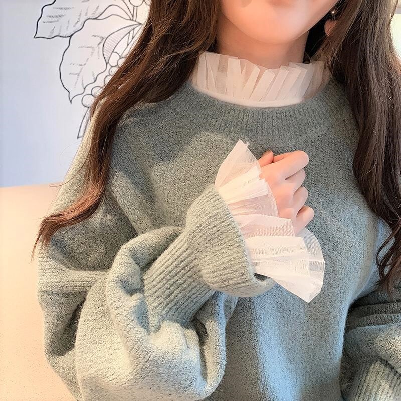 一枚プラスで ガーリーに レース トップス インナー フリルネック 袖フリル シースルー レイヤード 重ね着 フェミニン 大人女子 女っぽ キュート Lamitte Deco トレンド 韓国ファッション ショップ Base店