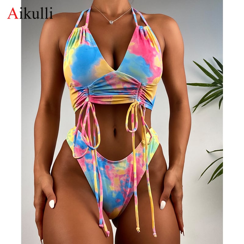 送料無料 2022タイダイプリントビキニセット水着女性セクシーホルター