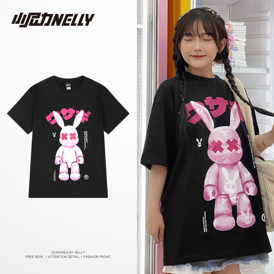 サブカル 服 地雷系 通販 半袖 Tシャツ コットン プリント柄 ピンクのウサギ うさぴょん ロゴ ストリート系