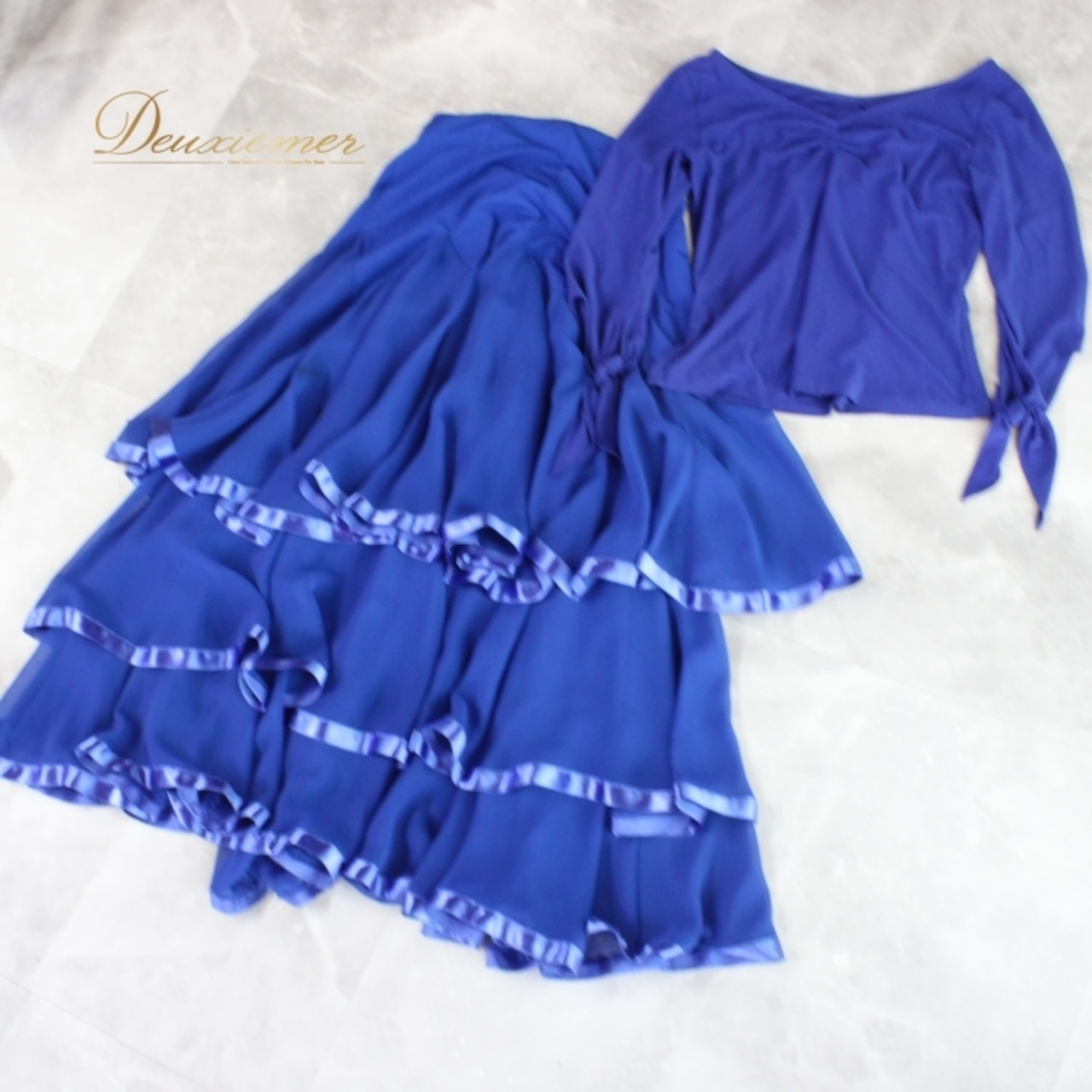 社交ダンス 衣装 スタンダード 上下セット ツーピース レッスンウェア パーティ衣装 レース 青 Create-Sun クリエイトサン ブルー系 上下セット ダンスウェア スカート トップス レディース ポリエステル ロイヤルブルー ストレッチ パーティー用 発表会 レッスン 生地 薄手 おしゃれ かわいい 使いやすい