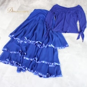 社交ダンス 衣装 スタンダード 上下セット ツーピース レッスンウェア パーティ衣装 レース 青 Create-Sun クリエイトサン ブルー系 上下セット ダンスウェア スカート トップス レディース ポリエステル ロイヤルブルー ストレッチ パーティー用 発表会 レッスン 生地 薄手 おしゃれ かわいい 使いやすい