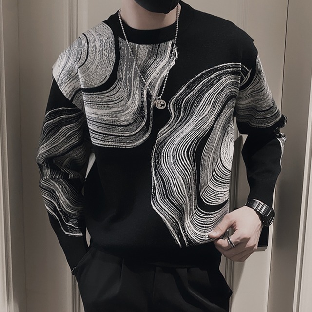 ラウンドネック　ウッドデザインニット　LB1108