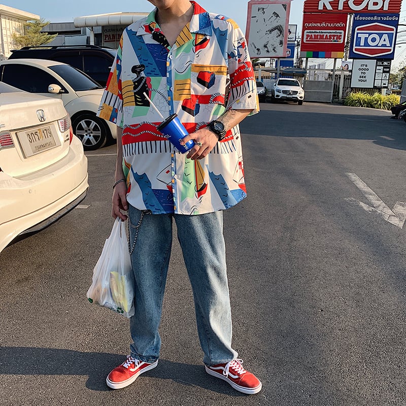 全2色 シャツ トップス 総柄 カジュアル 羽織 半袖 重ね着