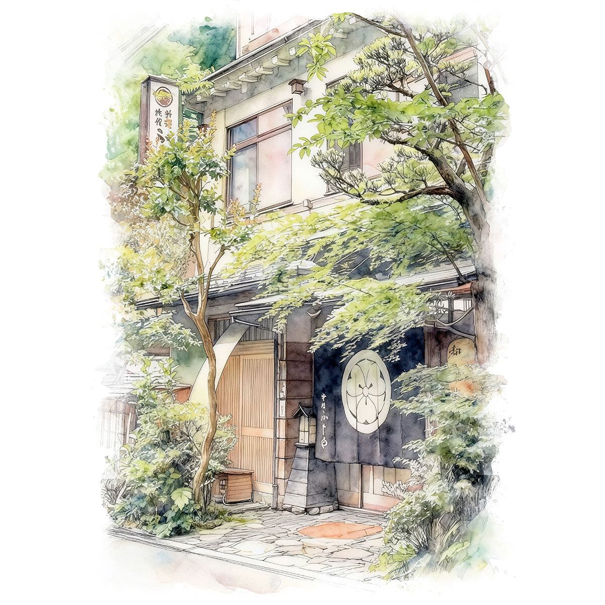 絵画 風景画 日本 京都府 祇園の老舗旅館 インテリアアート額付き 水彩画風 WAT1687