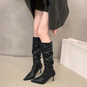 ロング ブーツ レディース 秋冬 韓国 ポインテッドトゥ ピンヒール くしゅくしゅ ルーズシルエット レザー調 9cmヒール 美脚見え 脚長見え 細見え Y2K モード きれいめ 大人 カジュアル デート お出かけ [LW-CGS020]