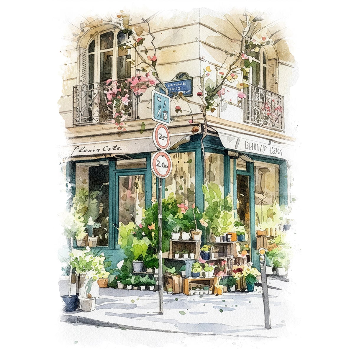 絵画 フランス 風景画(街並み) パリのフラワーショップの風景 インテリアアート額付き 水彩画・油絵調 WAT0214