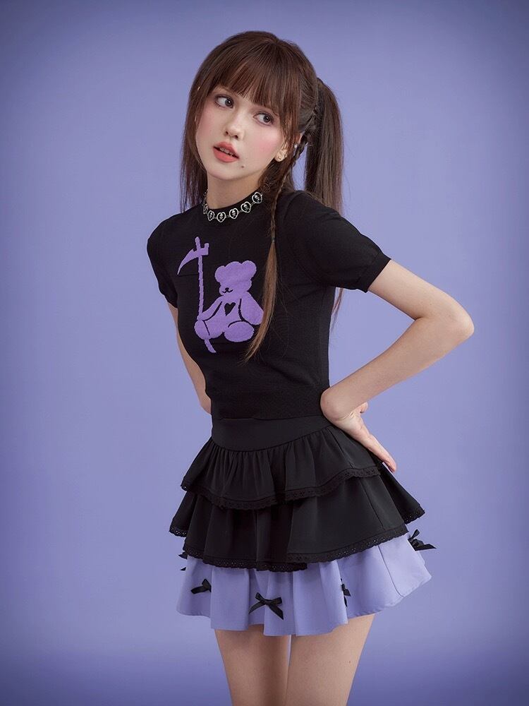 ミニスカート 紫 黒 リボン ボトムス ガーリー 可愛い | PAY ID