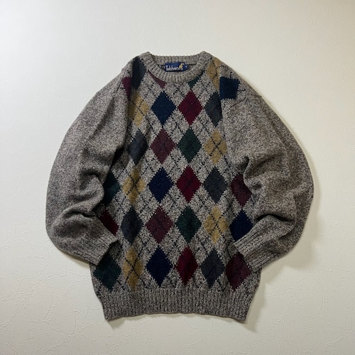 80s〜90s Tulchan　アーガイル柄　マルチカラー　ウール　ニット　タルチャン　グレージュ　S/M 古着