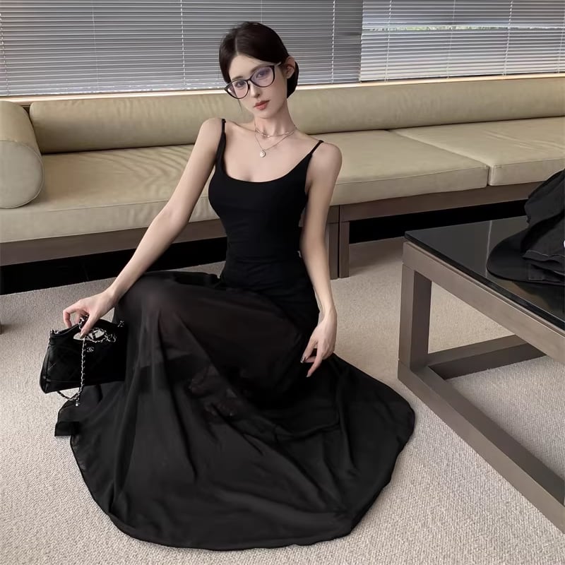 【dress】チュールドッキングロングキャミワンピース Q8154