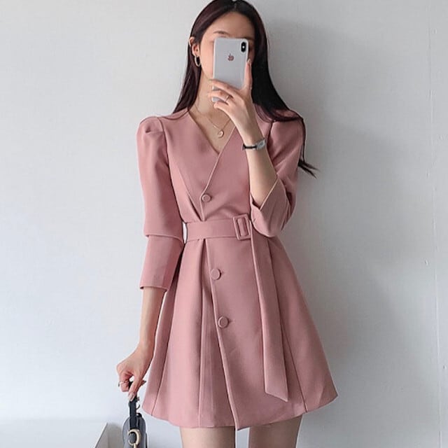 ワンピース レディース ミニワンピ ミニ丈 ショート丈 膝上 長袖 Vネック おしゃれ オケージョンワンピ お呼ばれ パーティ 謝恩会 ピンク/グレー/ピンクグレー/ブラック