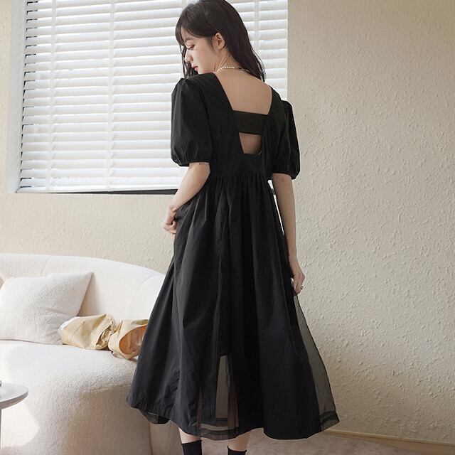 ワンピース レディース バックコンシャス バックシャン シースルー ハイウエスト ひざ下丈 ロングワンピ Vネック パフスリーブ ボリュームスリーブ シック モノトーン オケージョン おしゃれ かっこいい かわいい ブラック S/M/L/XL
