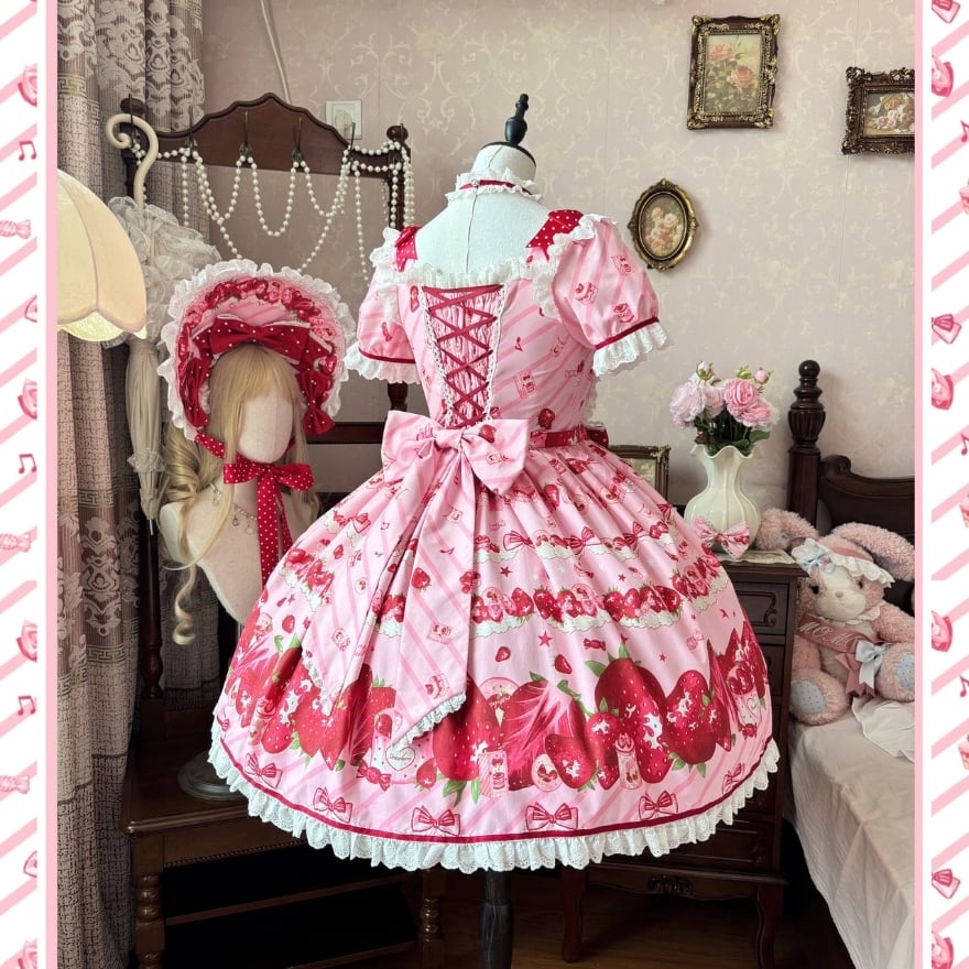 苺姫のティータイム 赤リボンいちご柄姫袖レースフリル甘ロリ
