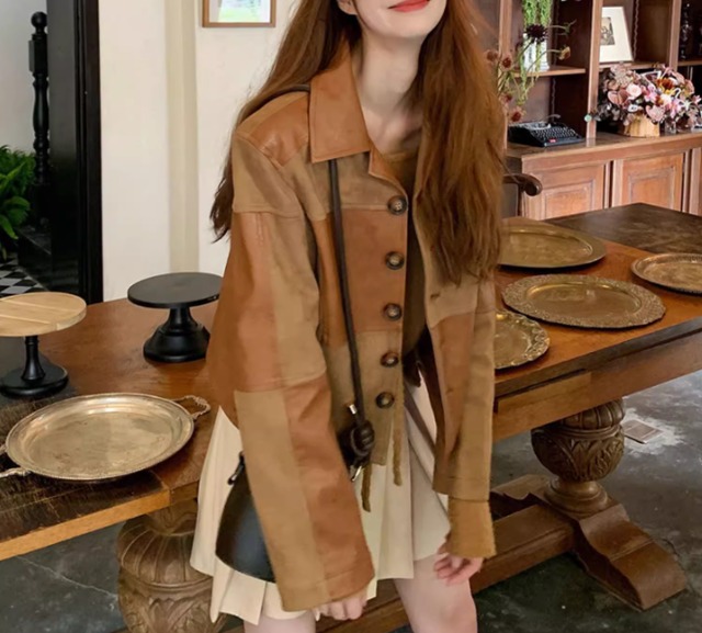 contrasting design short leather jacket 【2024092604】