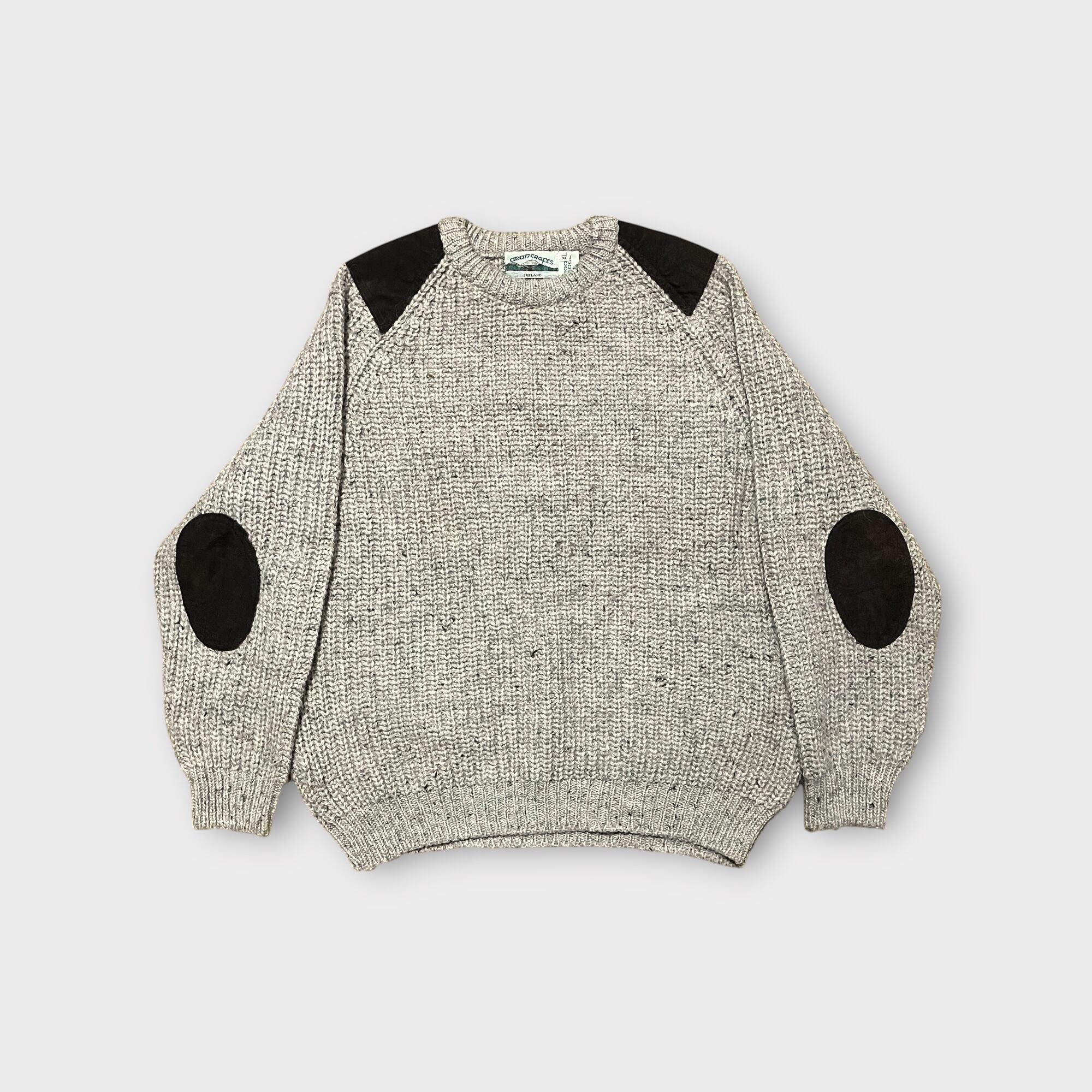 【Used】レザーパッチネップアランニットセーター MADE IN IRELAND