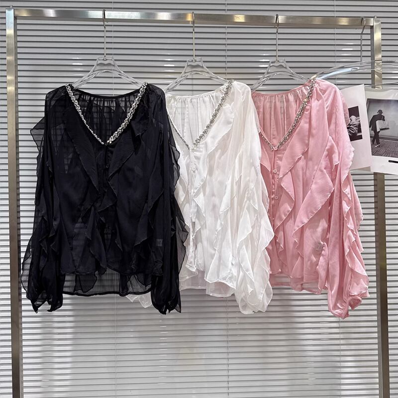 【tops】Vネックフレアシフォンシャツ Q8105