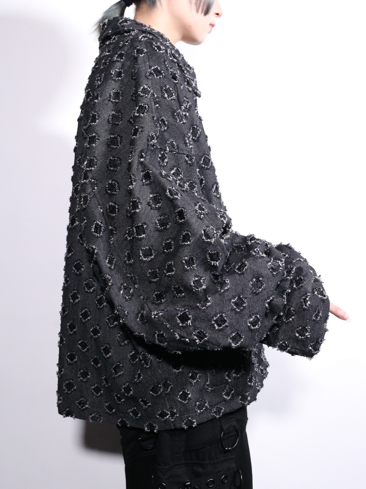 モケモケ round jacquard design oversize zip-up jacket - 4