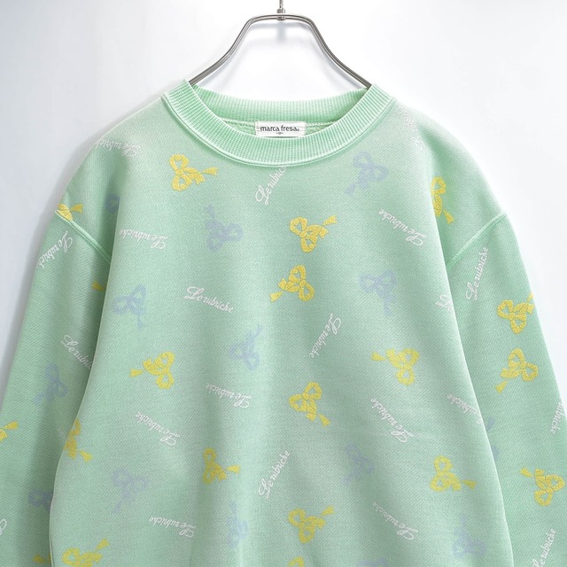 90s 00s 日本製 marca fresa マルカフレーサ スウェット 裏起毛 リボン柄 ロゴプリント 総柄 昭和レトロ ジャパンヴィンテージ パステルグリーン USED ヴィンテージ ビンテージ 古着 レディース Mサイズ