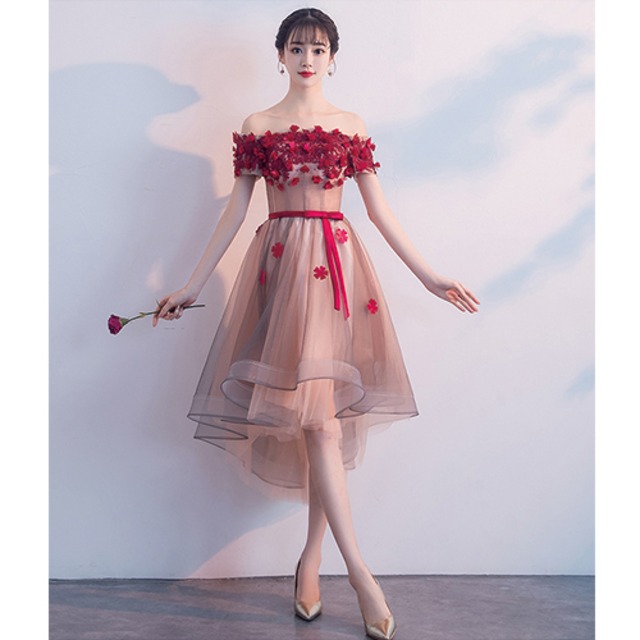 【即納】レッド　フィッシュテール　花柄　パーティードレス　iPd0019