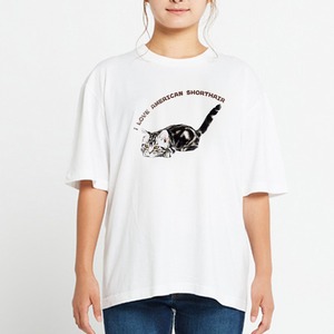 【レディース】アメリカンショートヘア猫半袖のTシャツ〜I LOVE2〜