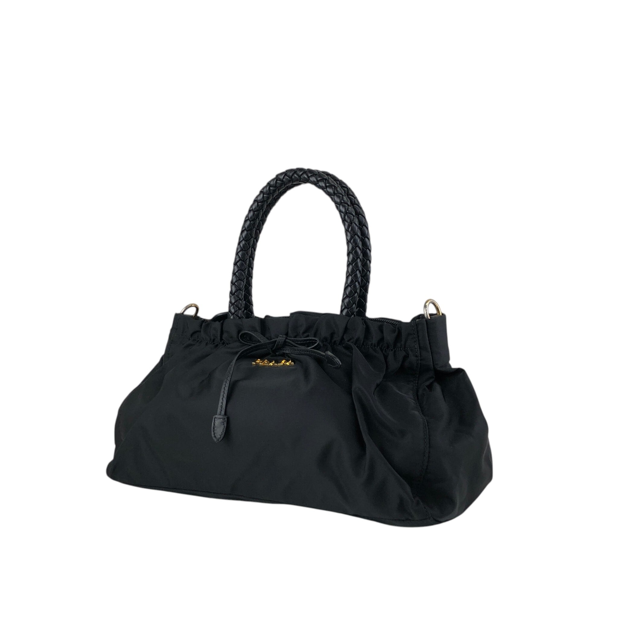 PRADA プラダ ハンドバッグ ブラック リボン ナイロン ギャザー