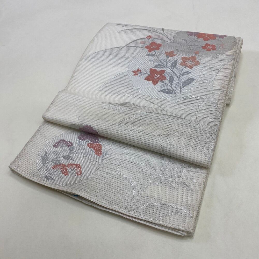 中古 夏用帯(袋) 正絹 草花 六通柄 ホワイト Dランク 428cm 5909