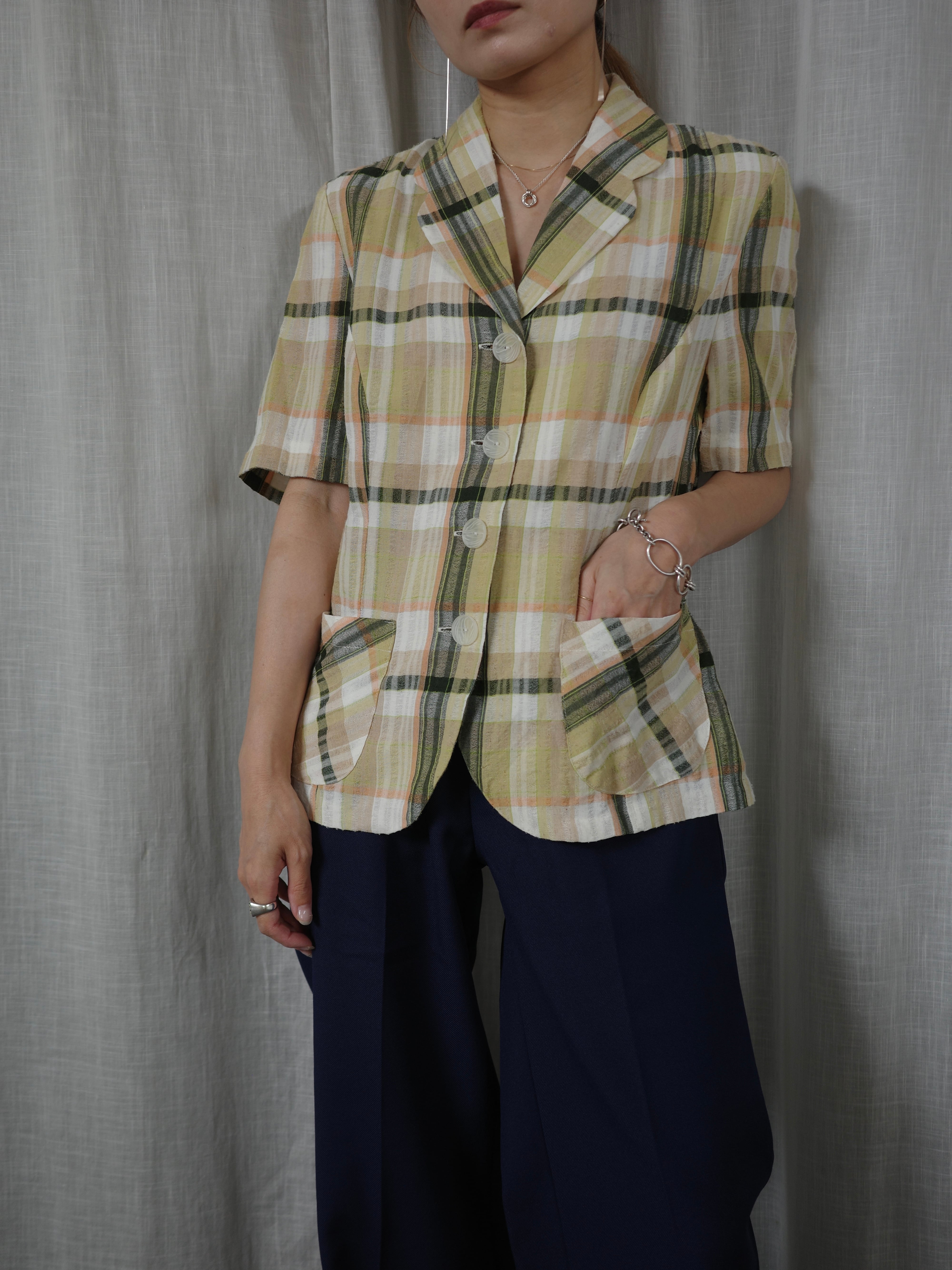 <vintage>yellow check halfsleeve jacket