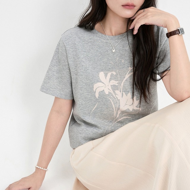 上品花柄プリント 半袖Tシャツ　S0241 　