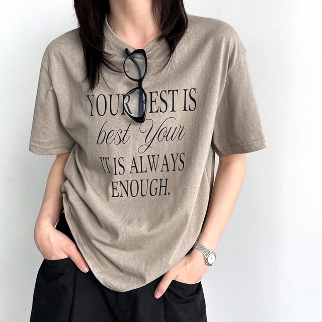 ゆったりプリント半袖 Tシャツ　ブラウン　ホワイト　S0054 　