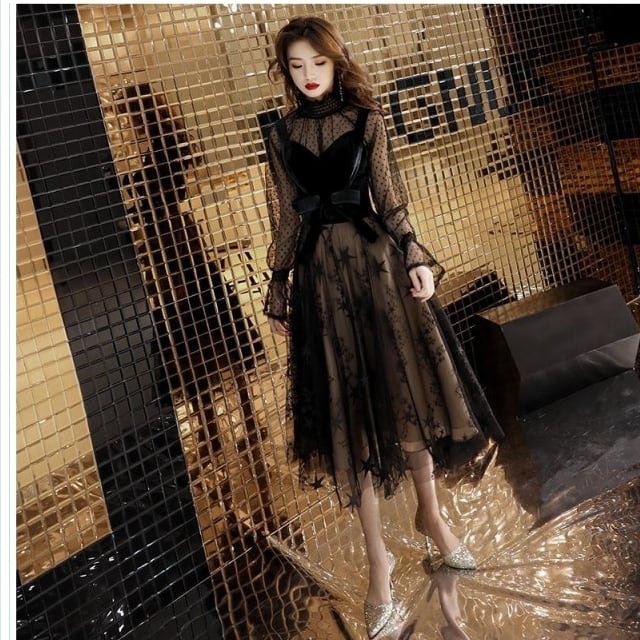 シースルー トップス 長袖 ワンピース シフォン レース 星柄 ドット