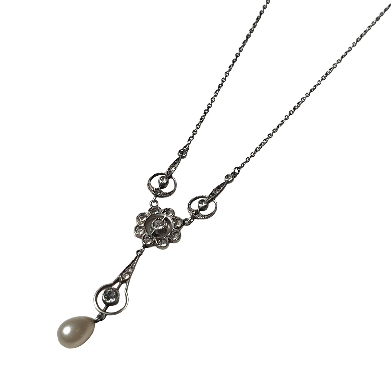 vintage silver flower pendant necklace set with fake pearl