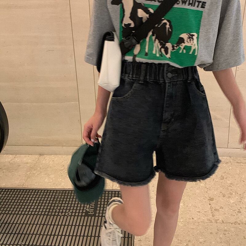 ジーンズ レディースハイウェスト薄手ショーツ サマーブラックパンツ 夏物 ブルマー ブラックストロベリース2495876746