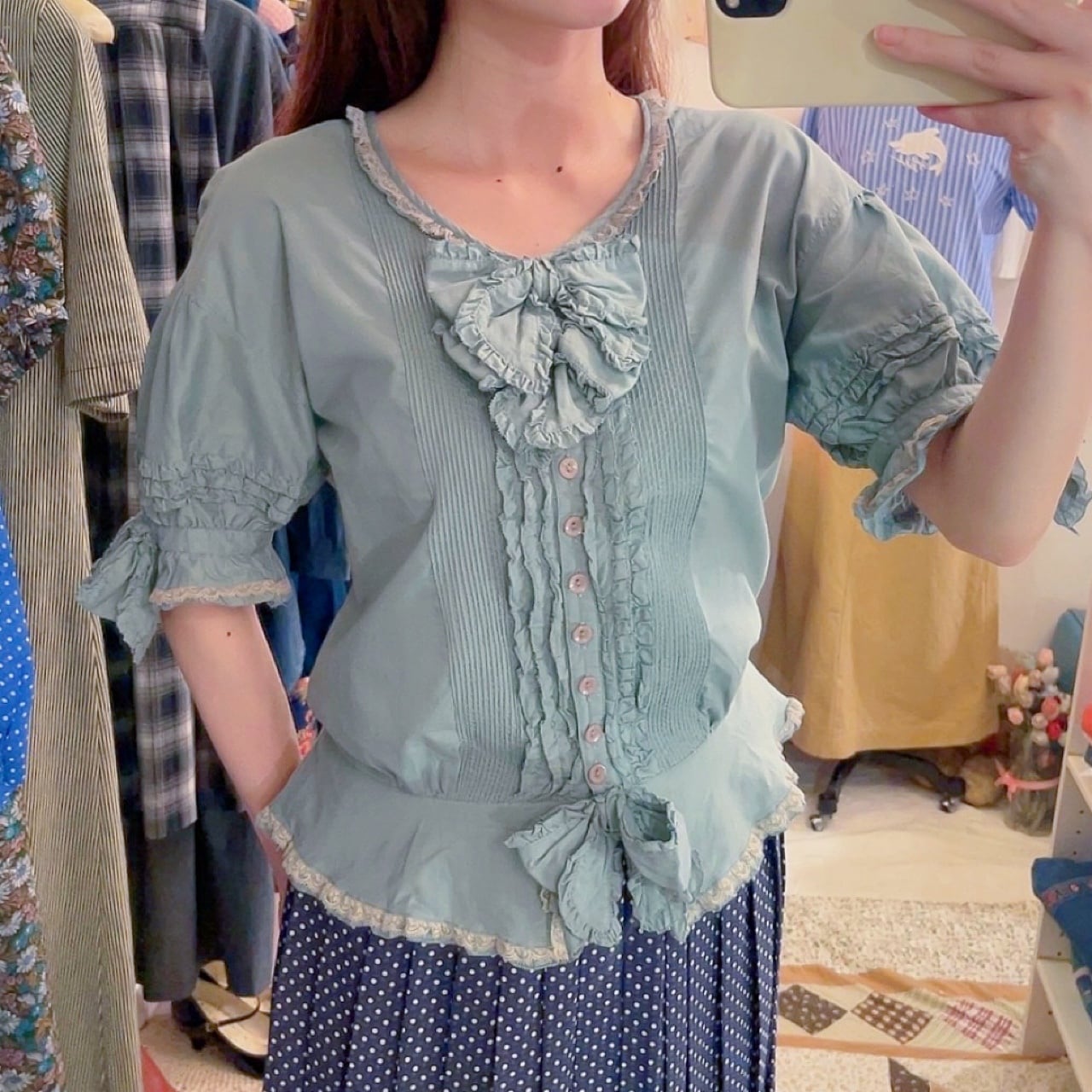 PINKHOUSE / bluegreen frill ribbon blouse