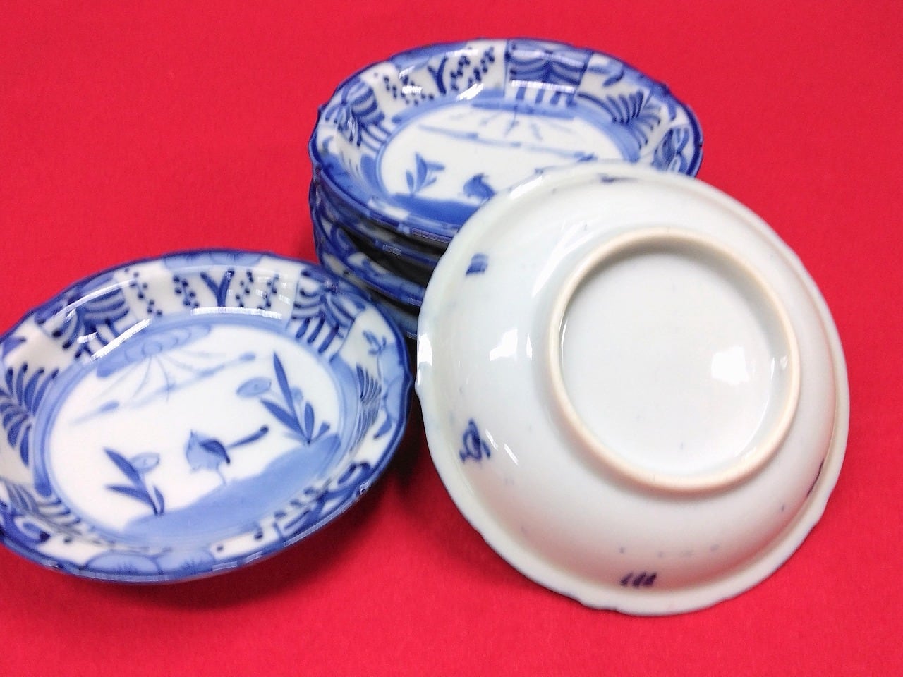 時代もの (大正-昭和(1920年代)頃) 手描 花鳥染付 芙蓉手 小皿/ 豆皿 1