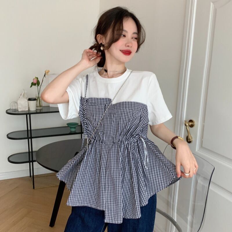 格子柄ラウンドネックTシャツ レディースサマースタイルスリムトップス 夏物 Oネック ステッチ YY-ファッション65470582101