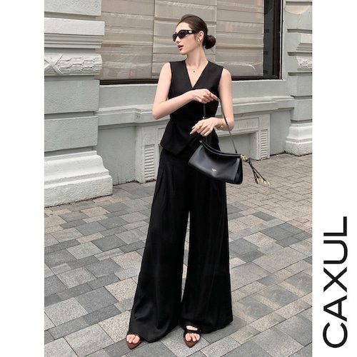 【Black】Lyocell＆Linen Design Gilet & Pants Set Up