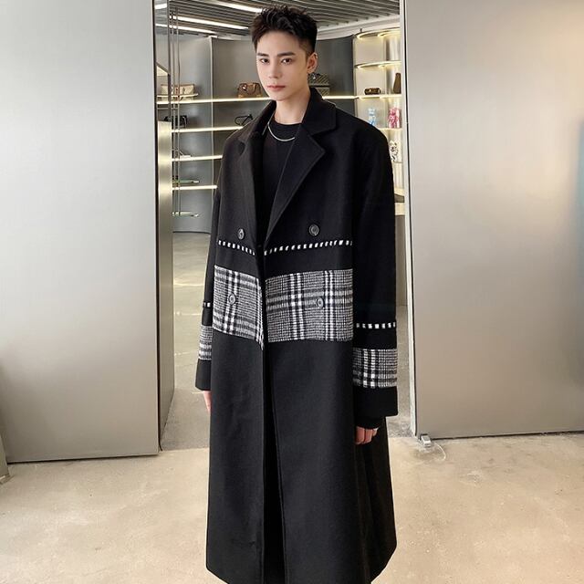 【予約販売】コート ロングコート アウター ロング丈 チェック柄 通学 ビジネス 防寒 メンズ ブラック レッド シック 防寒 お洒落 こなれ感 ベーシック 秋冬 大きいサイズ M/L/XL