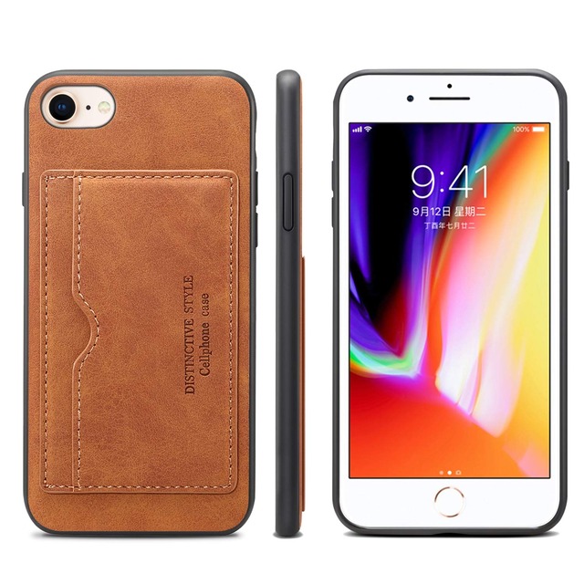 iPhone SE ケース [第2世代] / iPhone8 / iPhone7 用 ケース 背面ポケット付き カード収納 スタンド機能 マグネット式 耐衝撃 PU素材 男性 女性 薄型 バックカバー(ブラウン)