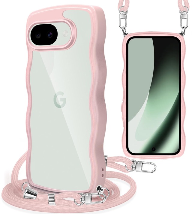 Yuanlai For Google Pixel 10A ケース クリア ショルダー 肩掛け 斜めかけ 波型 かわいい ピクセル 10A スマホケース 耐衝撃 カバー 紐付き 織りストラップ付き ネックストラップ 長さ調整可能 取り外し可能 (ピンク)