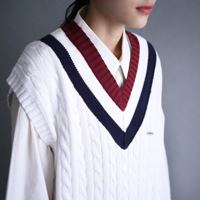 white v-neck children's cable knit vest