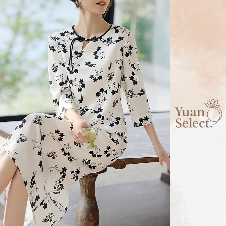 墨花モノトーン　チャイナロングワンピース　YS00066