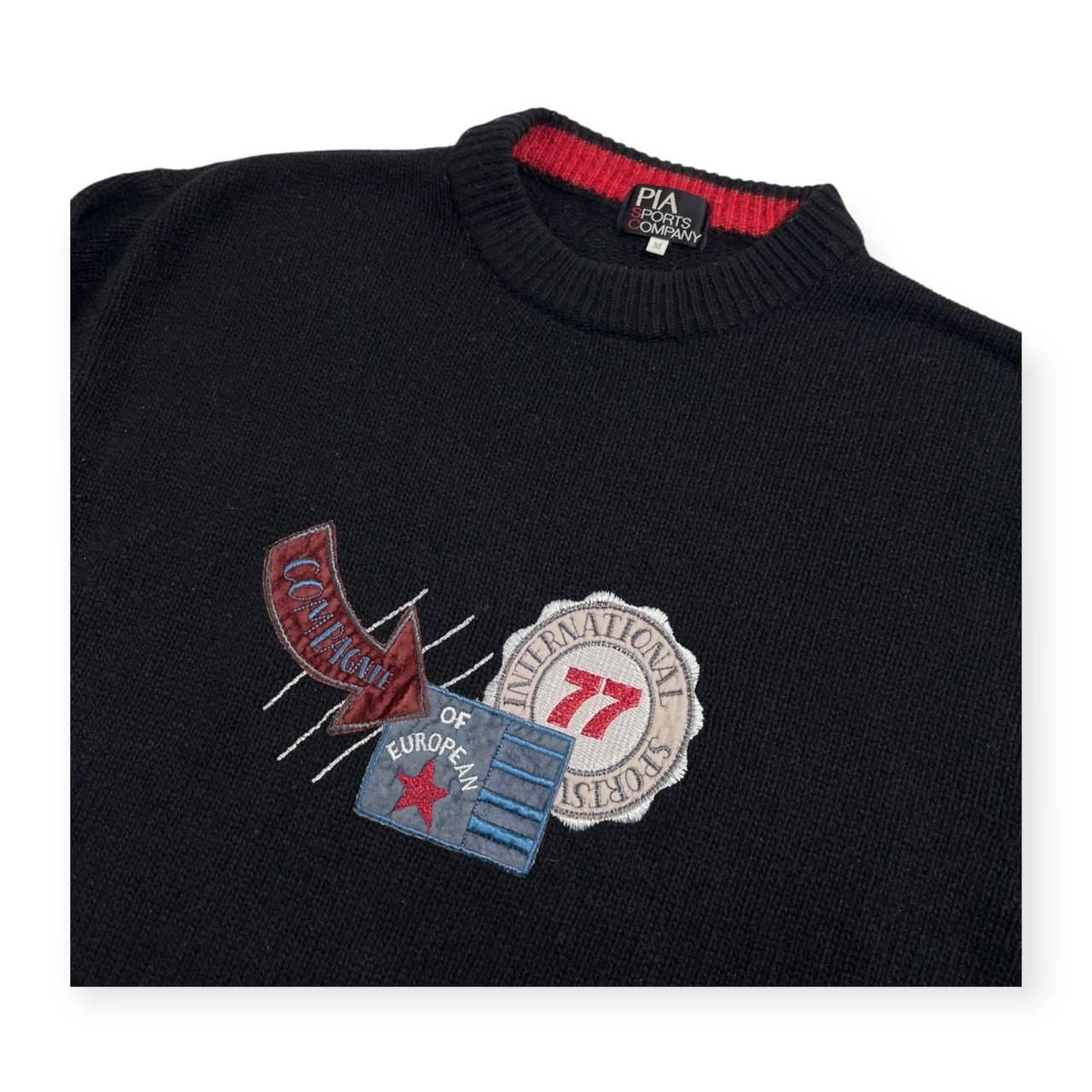 PIA SPORTS ピアスポーツ COMPANY ワッペン ロゴ刺繍 ウール ニット セーター サイズ M /ブラック系 紳士 カジュアル レトロ