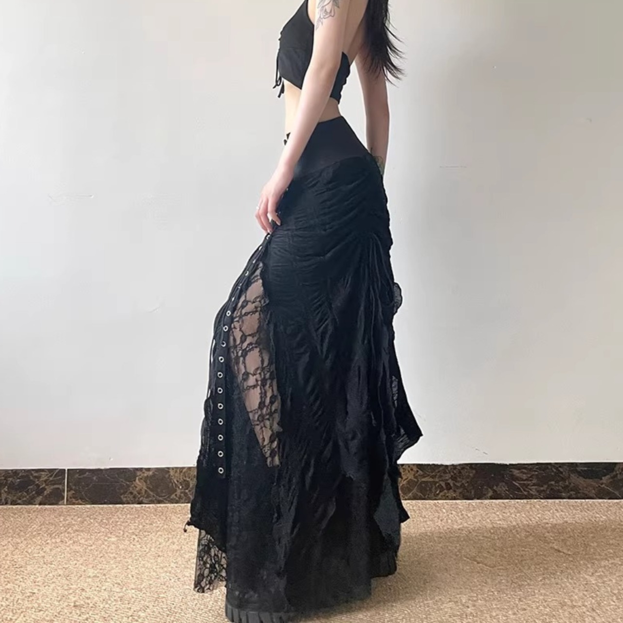 High-Waist Slimming A-Line Lace Mesh Maxi Skirt (ME213)