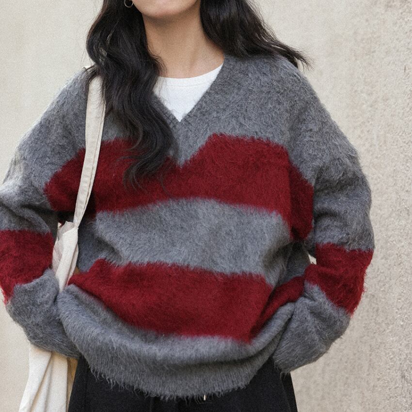 v-neck striped knit pullover　J00360
