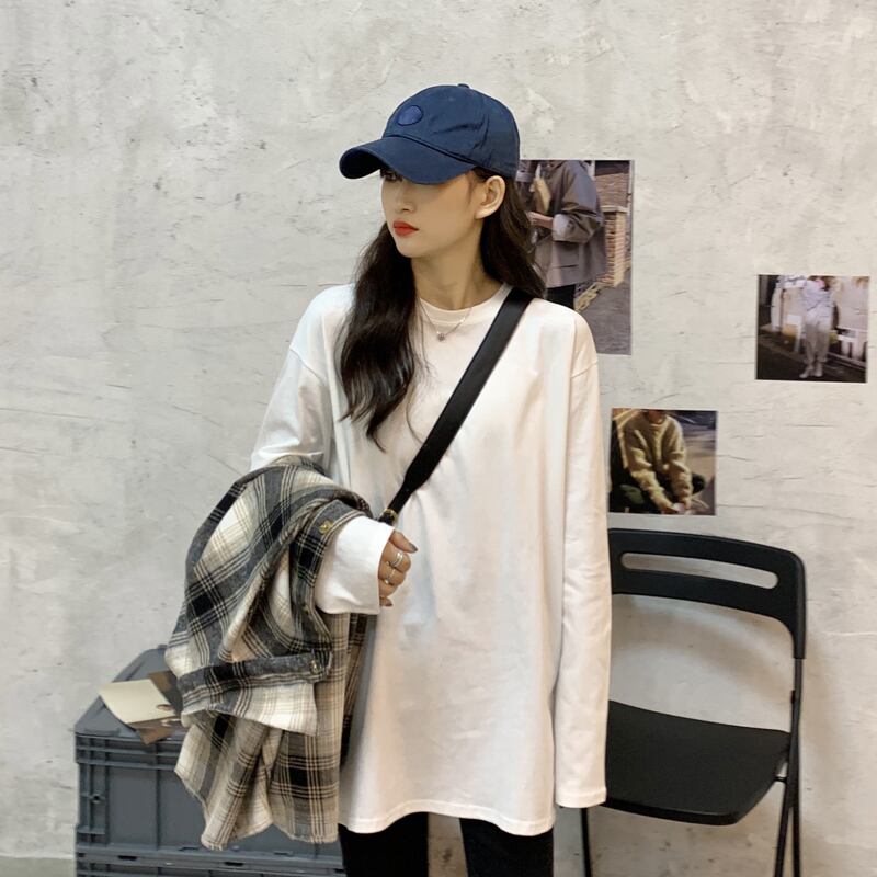 スタイルルーズホワイトTシャツ スプリングオータムトップス ロング コットン 春物 秋物 試着室31487201548