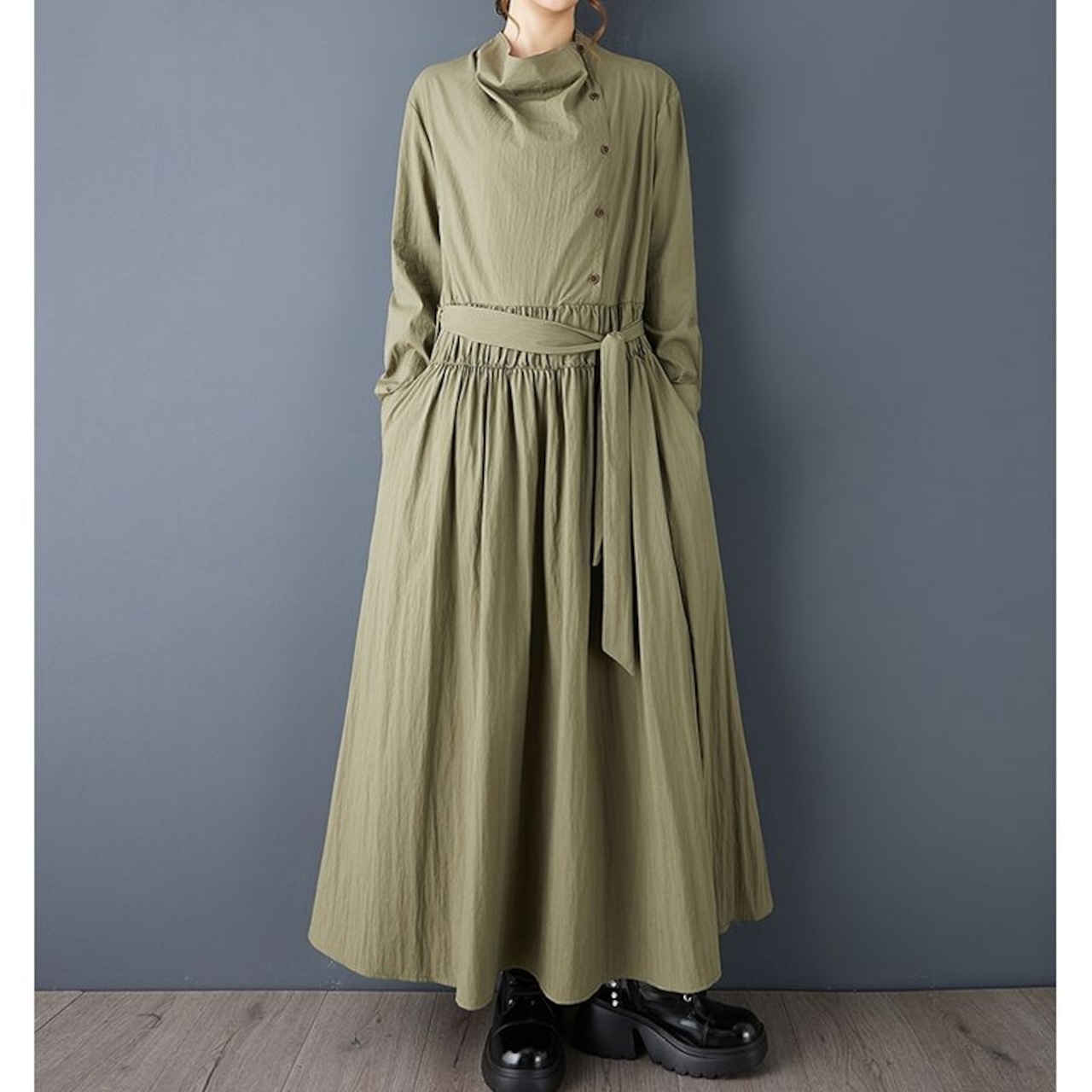 ドレープネック ギャザー ワンピース 00123