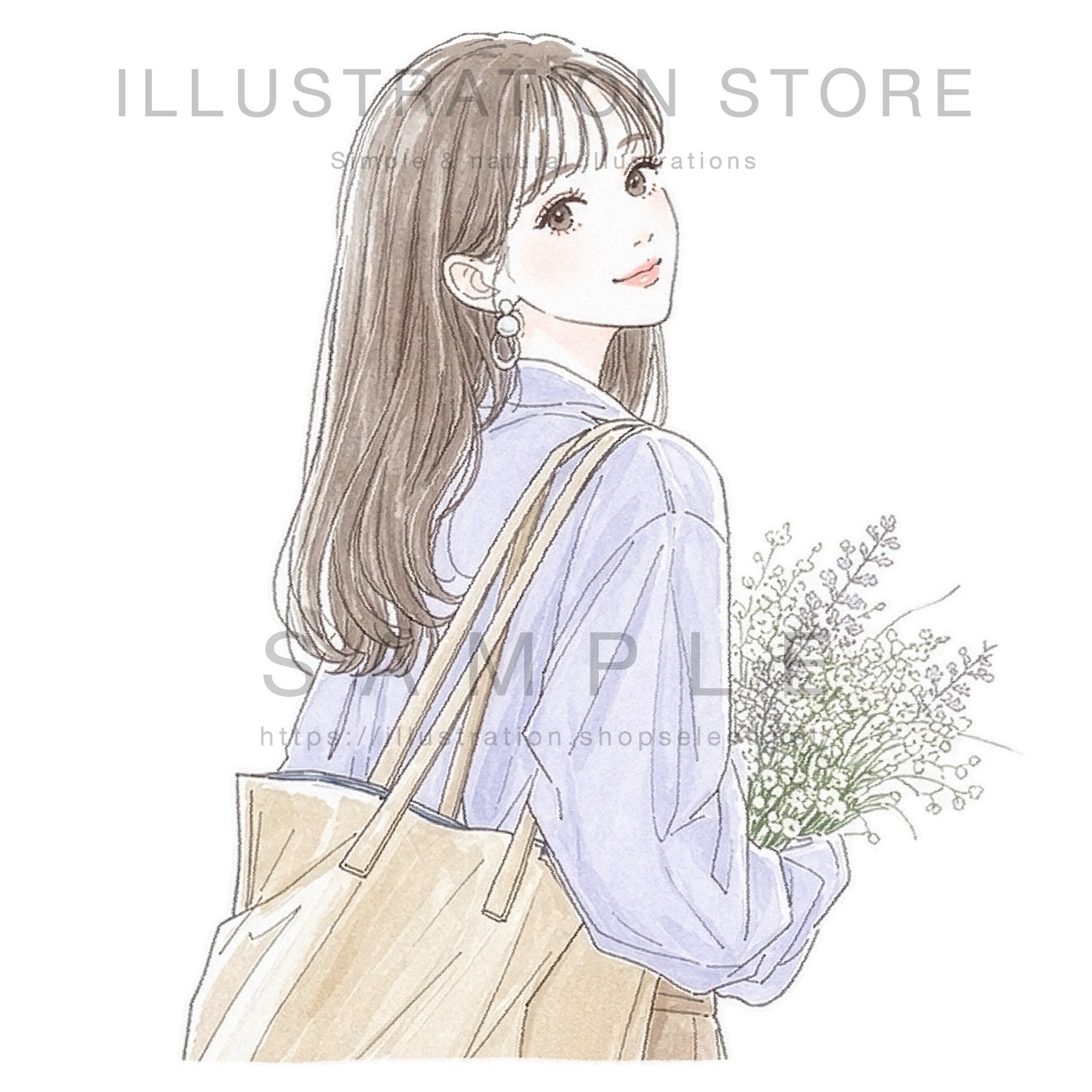 振り返る女性と花のイラスト素材